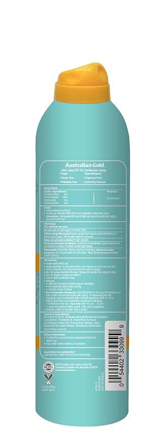 Australian Gold Australian gold little joey continuous spray, spf 50 broad spectrum water resistant for up to 80 minutes pediatrician tested hypoallergenic fragrance free, 6 Ounce, A70915