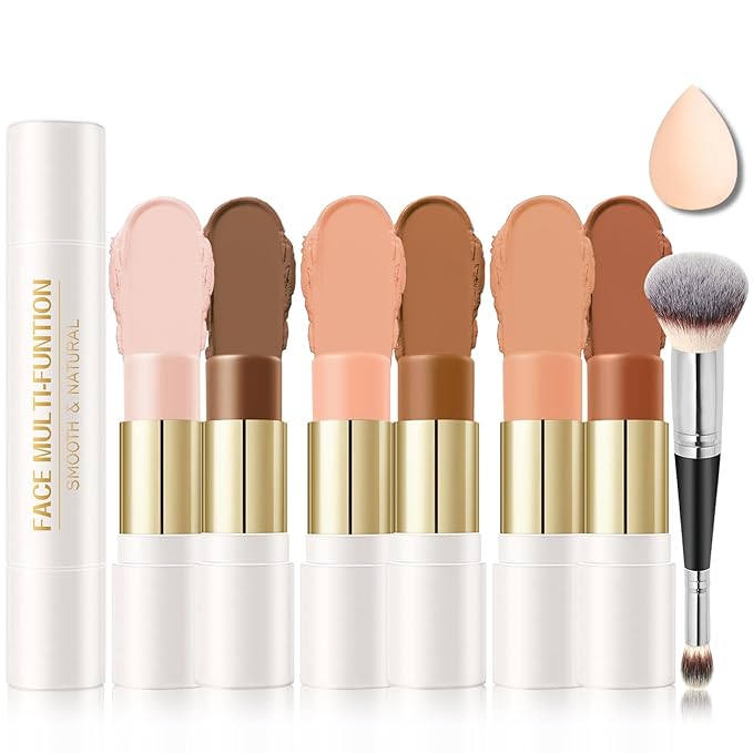 IONSGAKO 6 Colors Cream Contour Stick Makeup Kit, Double-ended Cream Highlighter Stick Bronzer and Blush Stick for Sculpt the Cheeks, Matte & Dewy Finish, Face Contour Kit for Beginners, Set C
