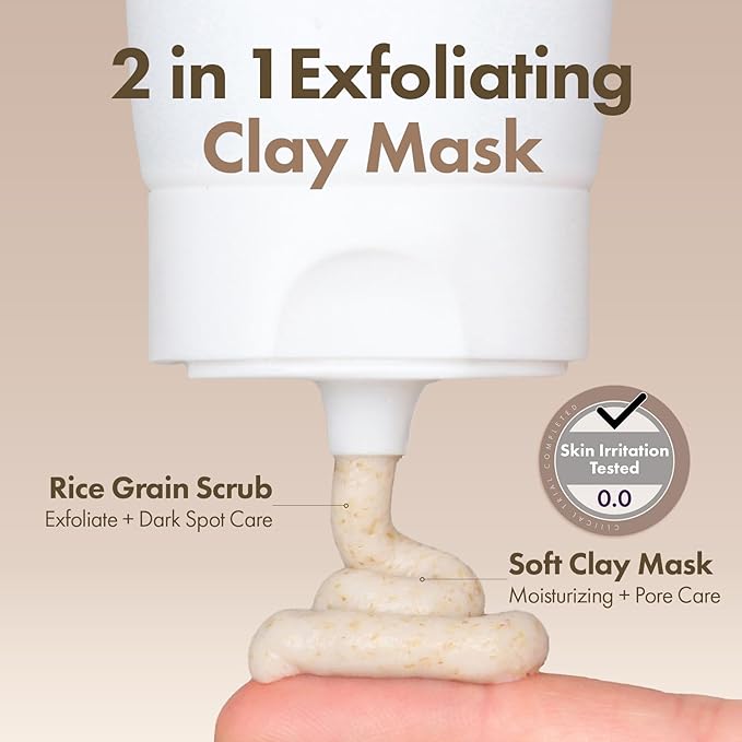 TOSOWOONG Rice Glow Clay Mask, 3% Korean Rice Wash-Off Mask & Exfoliating Scrub, Kaolin Mud for Pore Minimizing, Sebum Control, Honey Instant Glow, Glass Skin, Korean Skincare, 100 ml / 3.38 fl. oz.