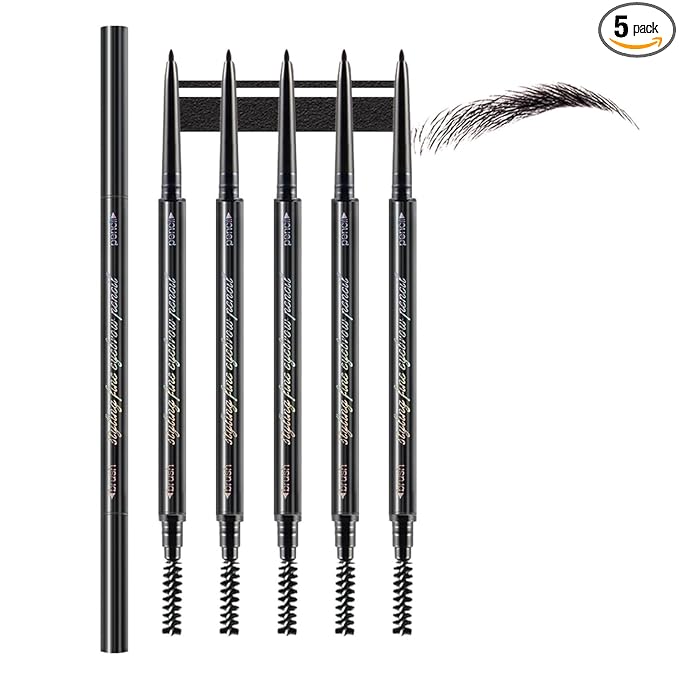 WanTuoluo Black Ultra-Fine Tip Eyebrow Pencils Pack for Women, 5Pcs Mechanical Precise Brow Pencil with Brush,Draws Tiny Brow Hairs, Defines, Fills Brows, Shapes, Contours, Combs, Waterproof