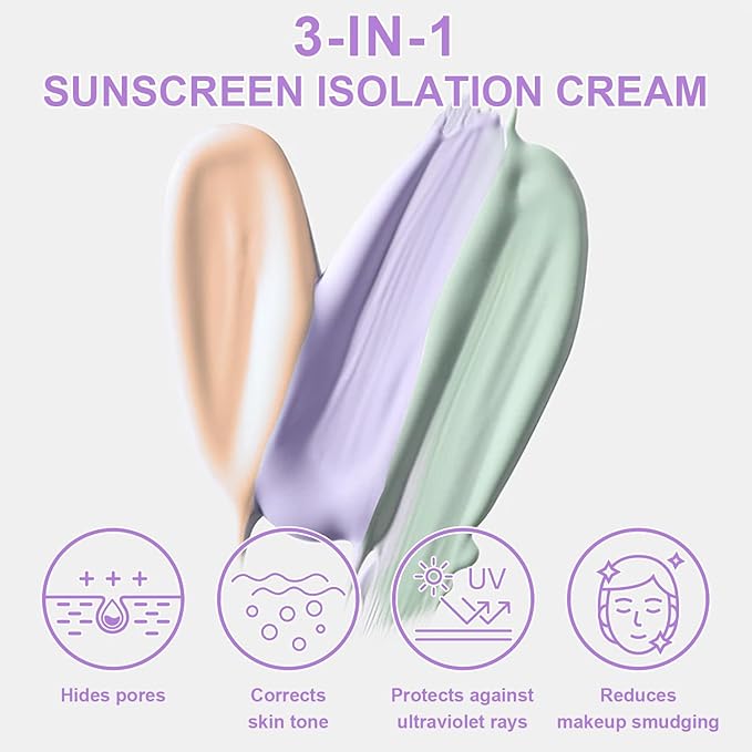 3 in 1 Color Correcting Serum, SPF Primer for Face Before Makeup, Sunscreen One Step Makeup Primer,SPF 50 PA+++ Isolation Cream,Color Correcting Facial Serum Oil Control & Moisturizing (1PCS)
