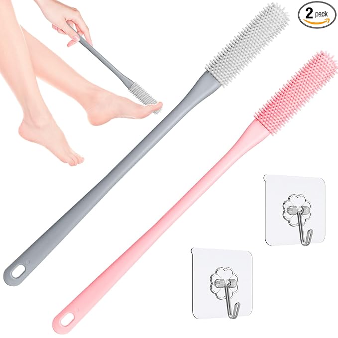 Toe Cleaning Brush,Foot Scrubber for Shower with 15.7" Long Handle Soft Silicone Cleaning Shower Brush Foot Care for Seniors,Elderly, Men and Women (Grey+Pink)