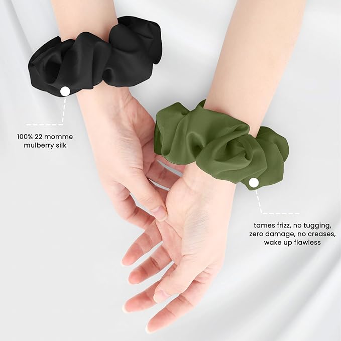 6PCS 100% Mulberry Silk Scrunchies Set, 2 Large and 4 Thin Silk Hair Ties for Women, No Damage Hair Accessories (Black, Olive Green, L)