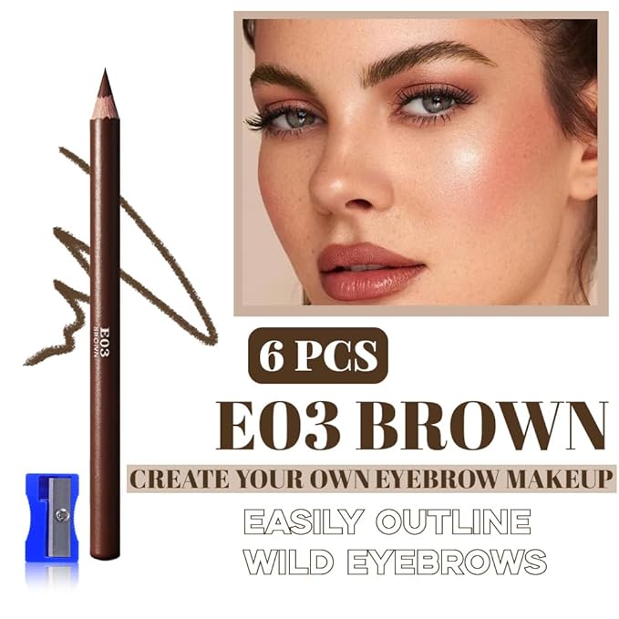 WanTuoluo Eyebrow Pencils for Women with Sharpener, 6Pcs Hard-Core Wooden Eye Brow Eye Liner Pencils for Beginner Makeup, Waterproof & Sweat-Proof (6Pcs-Brown)
