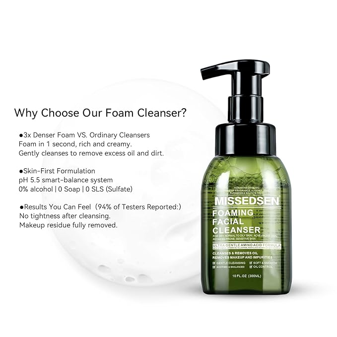 Mens Face Wash Foaming Cleanser for Men Vitamin B5 Deep Pore Cleansing for Acne, Oily, Sensitive, all Skin Types Soap-Free Fragrance-Free Colorant-Free Gentle Daily Face Wash 10 oz