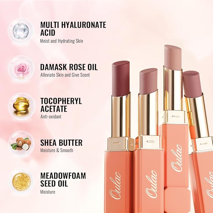 Oulac Beige Nude Satin Lipstick Set - Matte Lip Base, Full Coverage Lip Color, Satin Matte Finish, Cream Texture, Hydrating, Infused with Hyaluronic Acid, 4g*3 SG01+SG02+SG04
