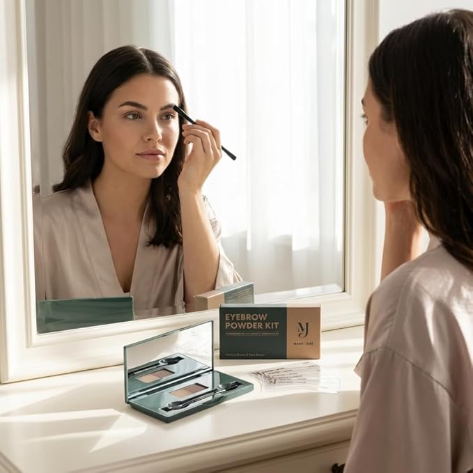 Marie-José Medium & Dark Brown Duo Brow Powder Kit – Waterproof Eyebrow Powder with 6 Reusable Stencils & Dual-Ended Brush, Long-Lasting Natural-Look Brow Makeup for Brunettes & Olive Skin Tones