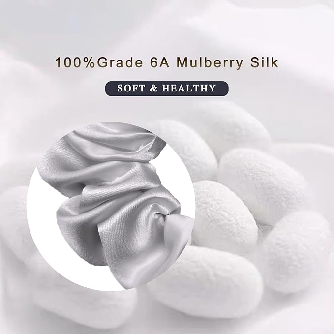 100% Mulberry Silk Scrunchies - 16 Momme Hair Ties for Women with Curly, Thick or Thin Hair, Black Satin for Sleep (1, 05 Grey)