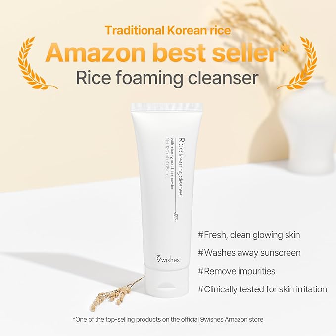 9 wishes Rice Foaming Cleanser - Korean Skin Care Facial Cleanser & Face Wash, Gentle Hydrating Cleanser for Sensitive Skin, Non Stripping Pore Cleansing Face Wash - 120ml / 4.05 fl.oz.