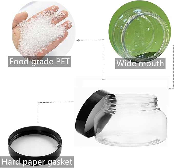 16 Pack 8 Oz Plastic Jars with Black Lids, BPA Free Empty Body Scrub Containers, Round Clear Samples Jars for Sugar Scrub, Lotion, Body Butter, Cream