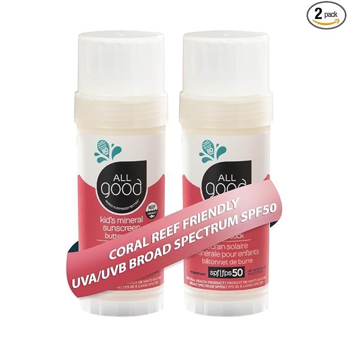 All Good Baby & Kids Mineral Sunscreen Butter Stick for Face, Nose, Ears - UVA/UVB Broad Spectrum SPF 50, Coral Reef Friendly, Water Resistant, Zinc Oxide, Vitamin E (2.75 oz)(2-Pack)
