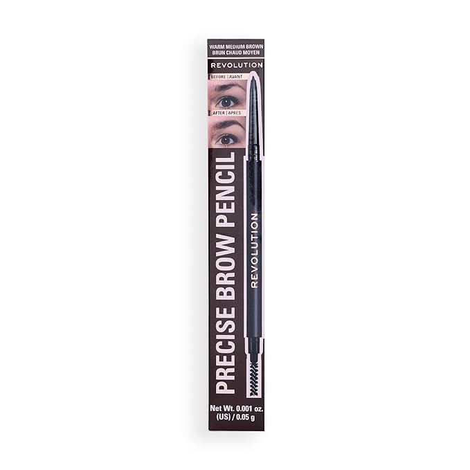 Revolution, Precise Brow Pencil, Dual-Sided, Ultra-Fine Pencil Tool, Includes Spoolie Brush, Vegan & Cruelty-Free, Medium Warm Brown