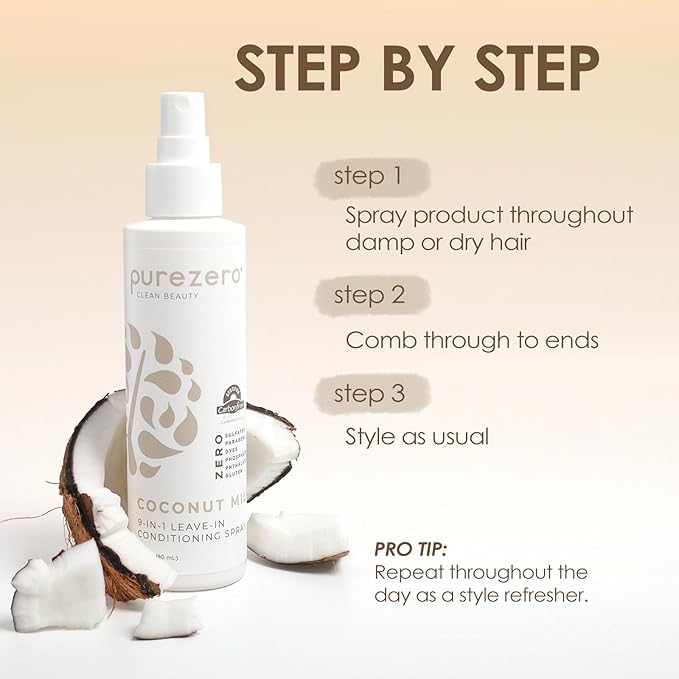 Purezero Coconut Milk BUNDLE [12oz Shampoo + Conditioner + 6 oz 9-in-1 Leave-in Conditioner] - Intense Hydration & Increased Shine