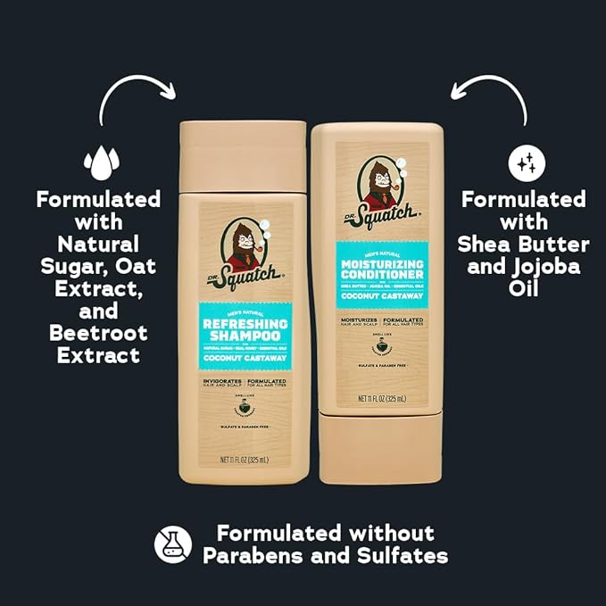 Dr. Squatch Full + Thick Men's Shampoo and Conditioner Set - For Fuller, Thicker-Looking Hair - Natural Shampoo and Conditioner for Men - Coconut Castaway (11 fl oz, 2-Pack)