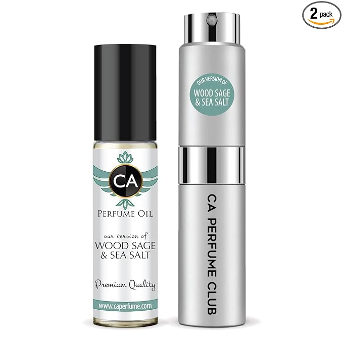 CA Perfume Duo Impression of Wood Sage & Sea Salt For Women And Men Perfume Layering Set Long Lasting Travel Size EDP + Body Oil Roll-On Bottle 0.27 Fl Oz+0.33 Fl Oz