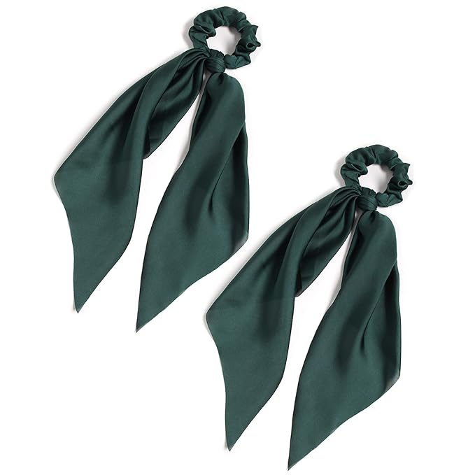Pack of 2 Knotted Bow Hair Scrunchies Elastic Hair Scarf Black Hair Ties Bands Satin Hair Ribbon Scrunchy Red Ponytail Holder for Women and Girls (Dark green)