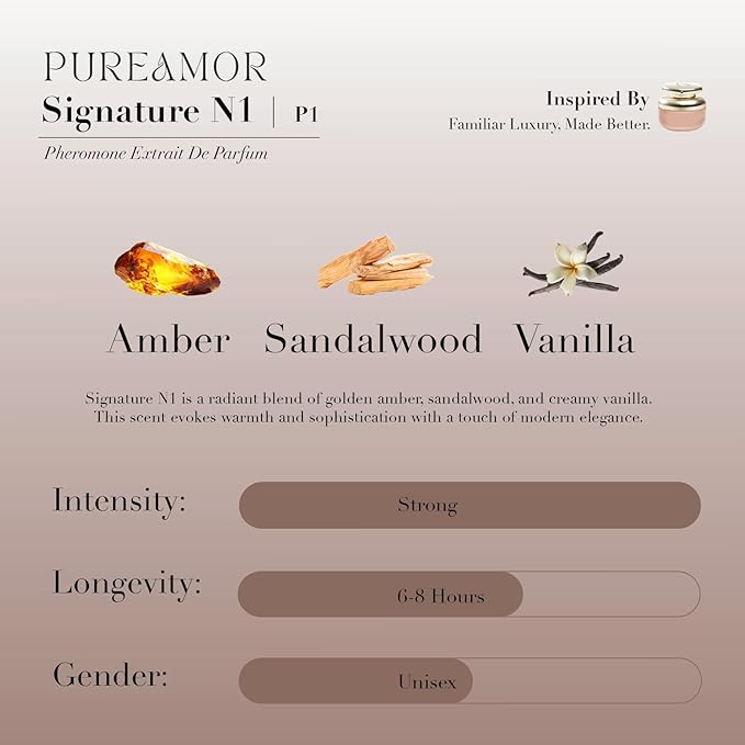 PUREAMOR Pheromone Perfume for Women, Signature N1 Extrait de Parfum – Warm Amber & Vanilla Scent with Citrus & Jasmine, Long Lasting Fragrance, 0.4 oz / 12 ml Travel Size
