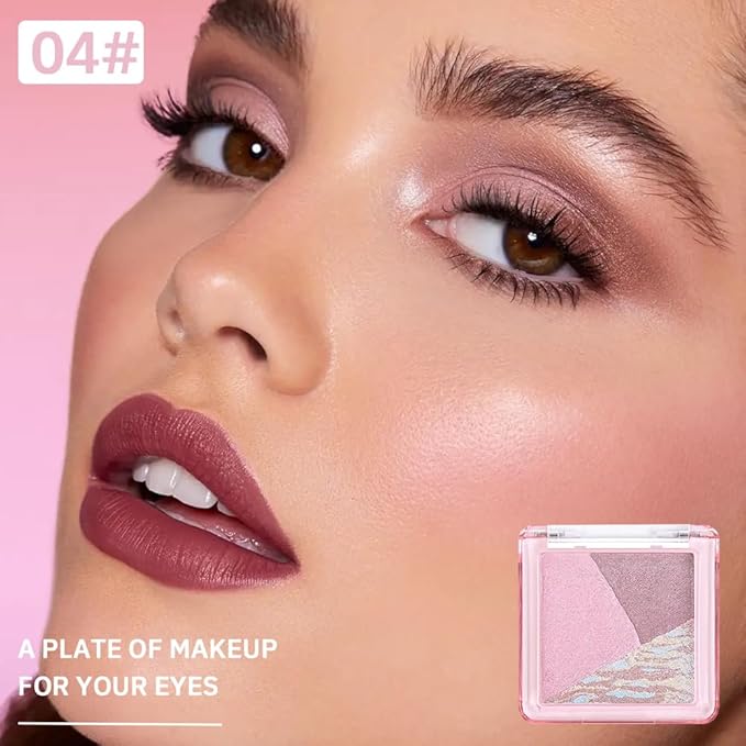 Pink Purple Shimmer Baked Eyeshadow Palette, 3 Color High Pigment Blendable Eye Shadow Makeup for Older Women, Travel Mini Palette Suitable for All Eye Shapes, Vegan & Cruelty-Free Soft Glam Look 04#