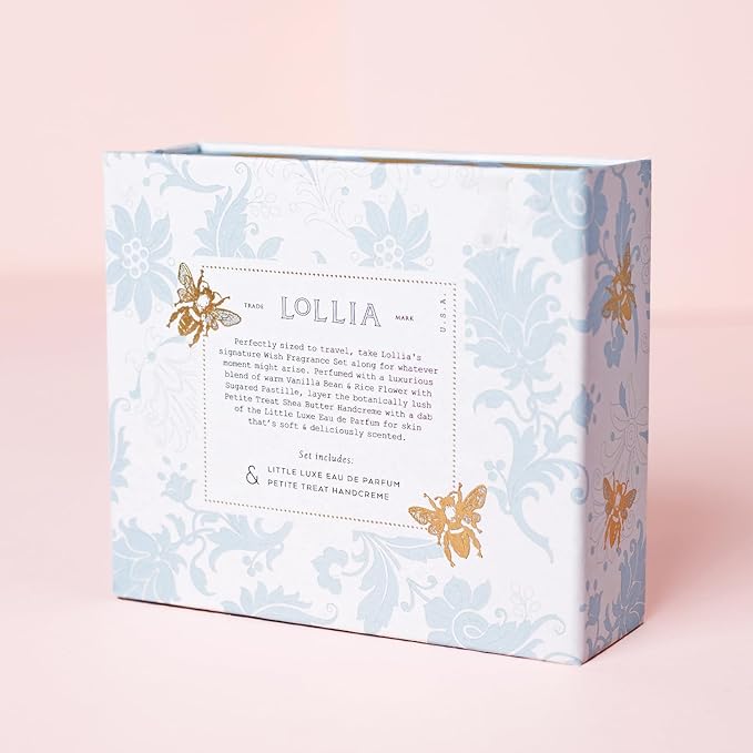 LOLLIA Wish Fragrance Story Gift Set – .16 fl. oz. Eau de Parfum & .33 oz. Petite Treat Handcreme - Sugared Pastille – Shea Butter Hand Cream for Women, Travel Size Perfume, Hand Lotion for Dry Hands