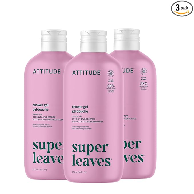 ATTITUDE Body Wash, EWG Verified Shower Gel, Dermatologically Tested, Plant and Mineral-Based, Vegan Personal Care Products, Coconut & Wild Berries Scent, 16 Fl Oz (Pack of 3)