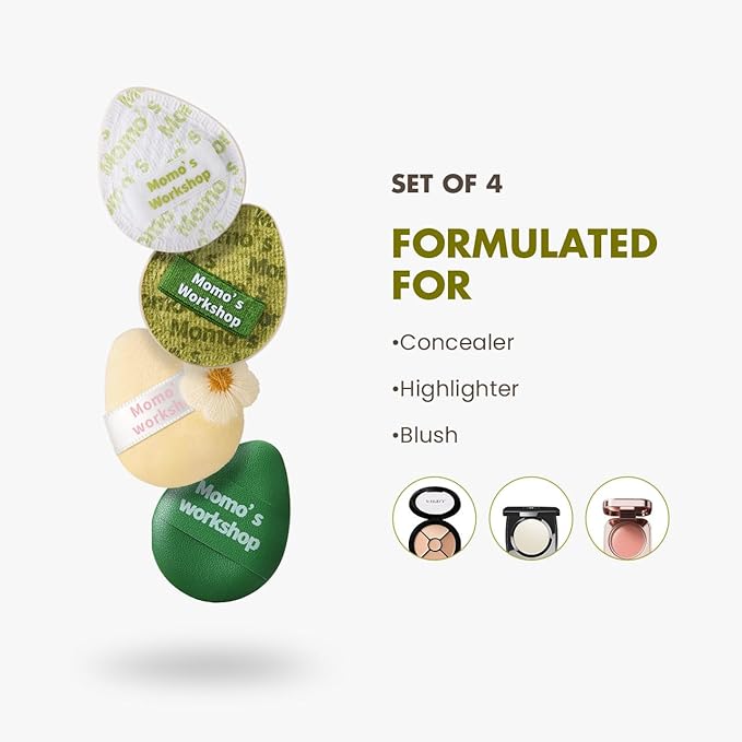 Momo's Workshop Mini Denim Makeup Sponge Set,Mini Makeup Blenders Sponge for Concealer/Blush/Highlighter, Perfect for Detail Work & Travel,4pcs Green Mini Concealer Puffs with Travel Pouch