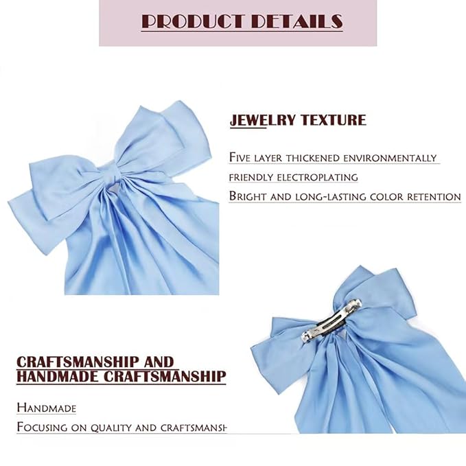 Silky Satin Oversized Long-tail Bow Clip, Large champagne color Hair Bow for Women Girl, Hair Accessories with Long Tail, 1Pcs(#Sky Blue)