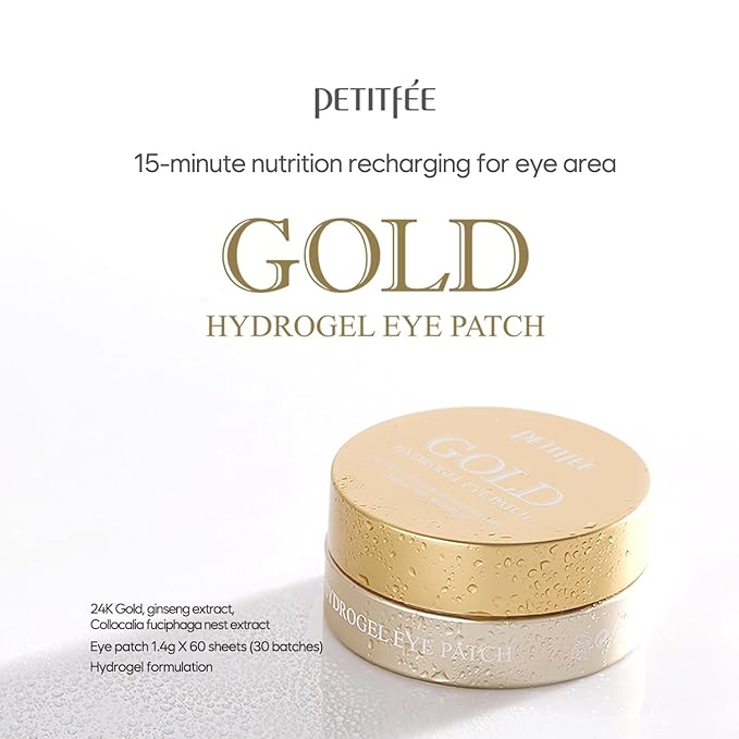 Petitfee Gold Hydrogel Eye Patch 60ea (30pairs) - 24k Gold Eye Mask for Moisturizing, Glowy Skin, Hydrating, Skin Elasticity, Youthful Complexion, Ginseng, Collagen