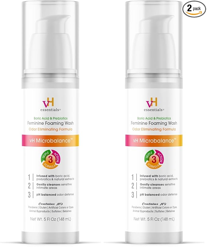 vH essentials Feminine Foaming Wash with Boric Acid and Prebiotics, Odor Eliminating pH-Balanced Daily Cleanser with Lavender and Chamomile, 5 fl oz (Pack of 2)