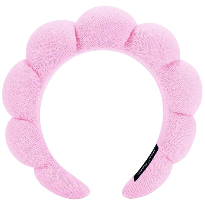 AOENJIE Spa Headbands for Washing Face or Makeup, Sponge Bubble Skincare Headbands, Puffy Terry Cloth Hairband for Women, Skin Care Makeup Headwear Hair Accessories for Girls(Pink)