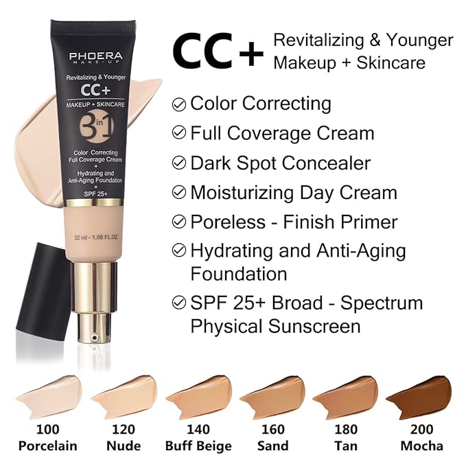 PHOERA CC+ Cream Color Correcting Anti Aging Hydrating Serum & SPF 25+, PHOERA Primer, Makeup Foundation, Kabuki Makeup Brushes Foundation Brush (107 Honey + 200 Mocha CC Cream)