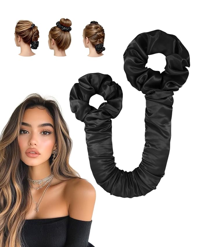 BONNET QUEEN Satin Heatless Hair Curler, Overnight Curls for Long Hair, Ultra Soft Daily Use of Hair Accessories & 2 Scrunchies, Damage-Free Styling, Soft Hair Curlers for Overnight, Black