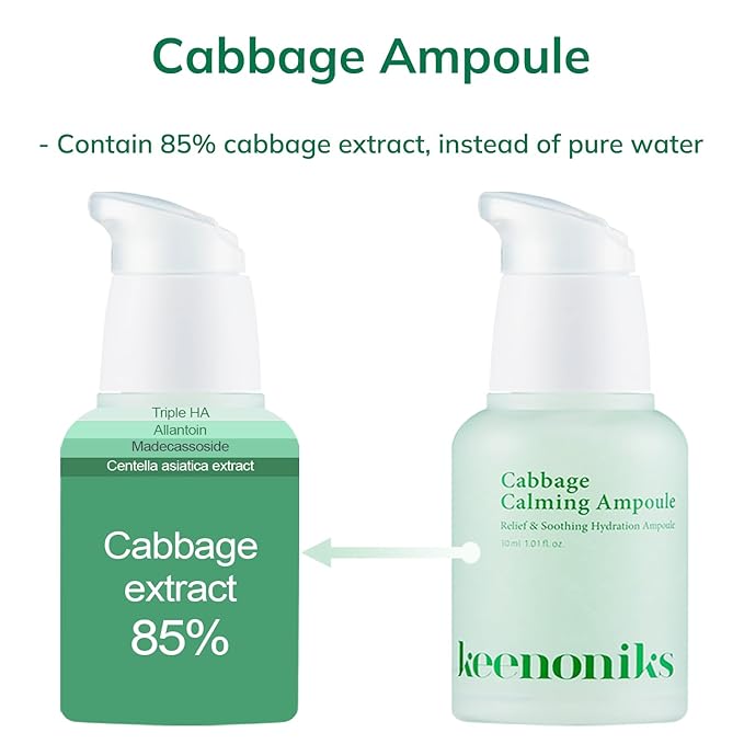 keenoniks Cooling Hyaluronic Acid Ampoule Serum - 85% Cabbage Extract Calming Facial Remedy to Soothe and Moisturize for Sensitive, Dry Skin | Balancing Korean Essence - 1.01 Fl Oz