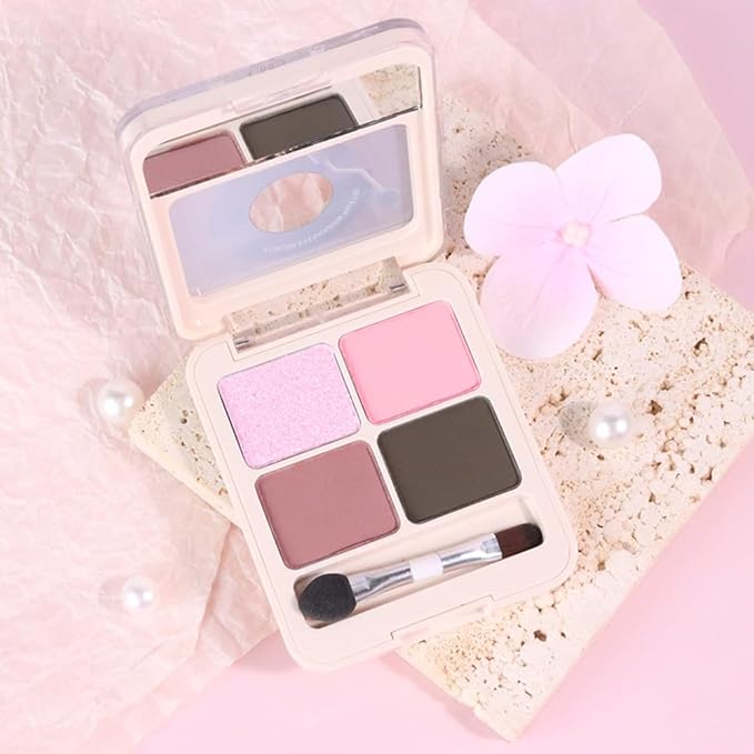 CAKAILA Pink Brown 4Colors Eyeshadow Makeup Palette with Brush Mirror,Natural Neutral Powde Eye Shadow Palettes for Older Women,Long Lasting Naturing-Looking,Lightweight Eye Makeup Kit Travel Size