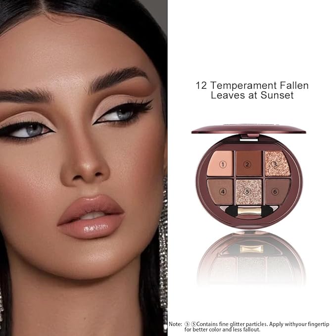 6 Color Matte Shimmer Eyeshadow Palette, Neutral Brown Eye Shadow, Nude Warm Tone Everyday Makeup Palette, Smooth Blendable Long Lasting Soft Glam Smokey Eye Look 12