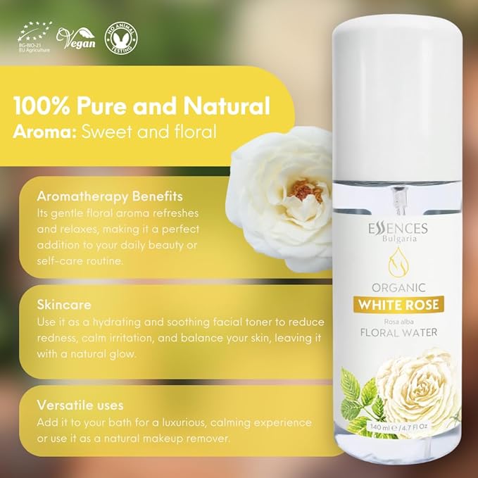 Essences Bulgaria | Organic White Rose Floral Water 4.7 Fl Oz | 140ml | Rosa alba | 100% Pure and Natural | Anti-Age Refreshing Beauty Mist | Alcohol-Free | Makeup Remover | Hydrating | Vegan