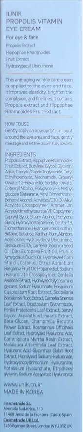 IUNIK Propolis Vitamin Eye Cream – Propolis & Vitamin C Lightweight Cream for Dark Circles, Puffiness & Fine Lines, Korean Skincare, 30ml / 1.01 fl oz