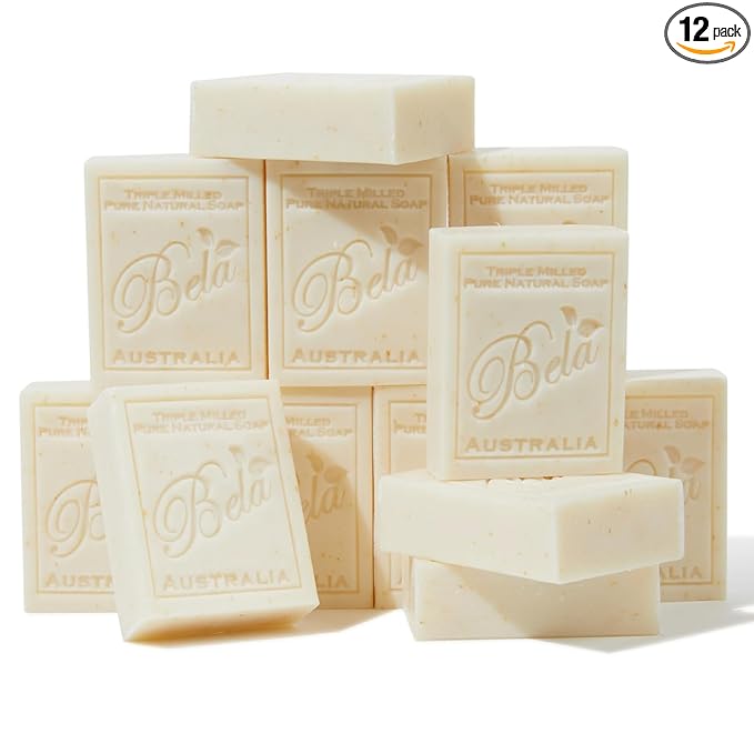 BELA Spearmint and Bran Soap 3.3 OZ Pack of 12, Long Lasting French Triple Milled Bar Soap with Organic Shea Butter, Hand, Face and Body Wash Bar, Made in Australia