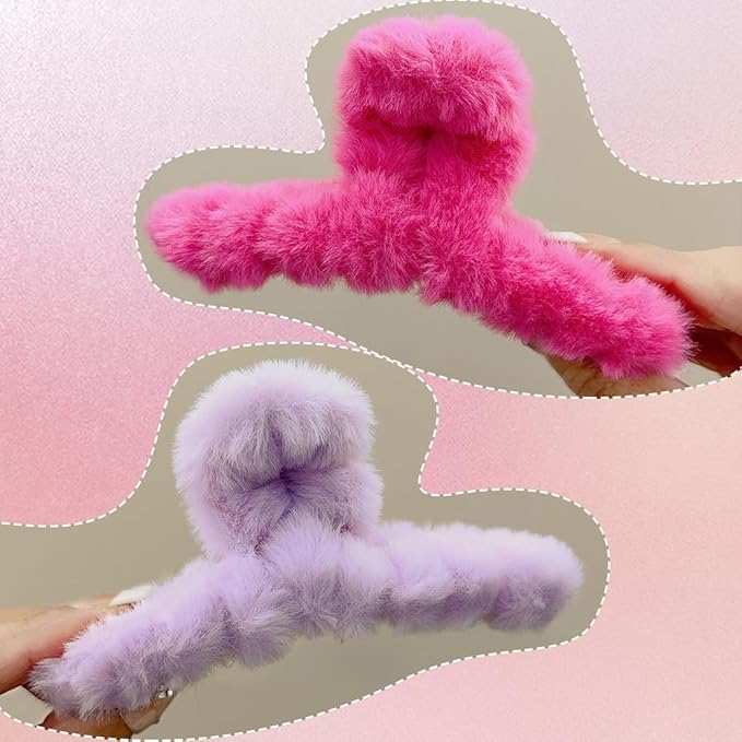 Sokfone 2 Pack Fuzzy Hair Clips, Large Nonslip Fuzzy Claw Clip for Thick Hair Fur Hair Clips for Women and Girls (Rose Red, Purple）