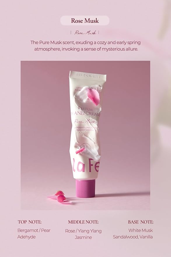 laferme Perfume Hand Cream 2.02 Fl. Oz. (Rose Musk) | Vegan & Travel-Sized Non Sticky Hand Lotion with Shea Butter | Hydrating & Nourishing for Dry Skin, Korean Skincare for Women & Men