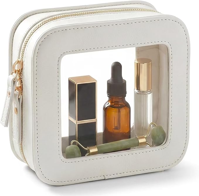 LETGO Small Makeup Bag for Purse Mini Cosmetics Bag Clear Cute Cosmetic Pouch for Women with Slip-in Pockets Car Bag for Essentials Accessories for Girls Women Square Beige