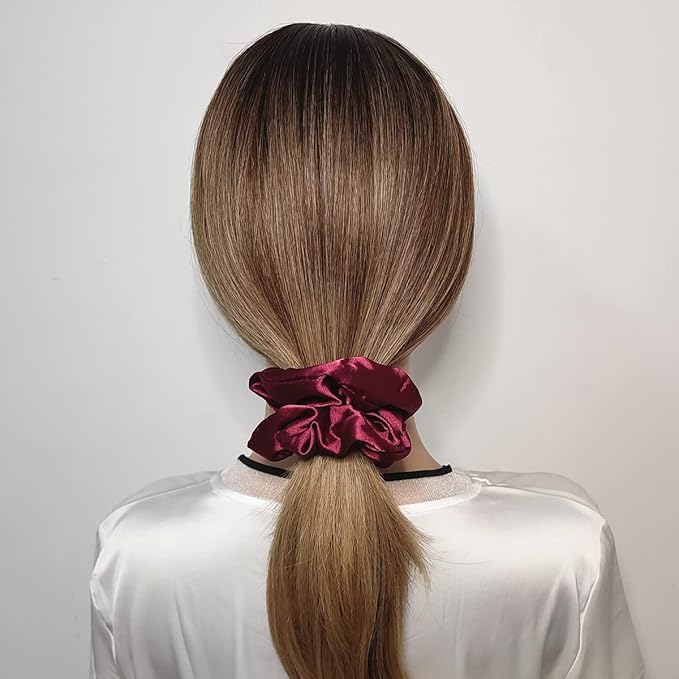 12 Pcs Satin Silk Scrunchies Soft Hair Ties, Fashion Hair Bands, Bows, Ropes, Elastic Ponytail Holders, Hair Accessories for Women and Girls (4.3 Inch, Wine Red)