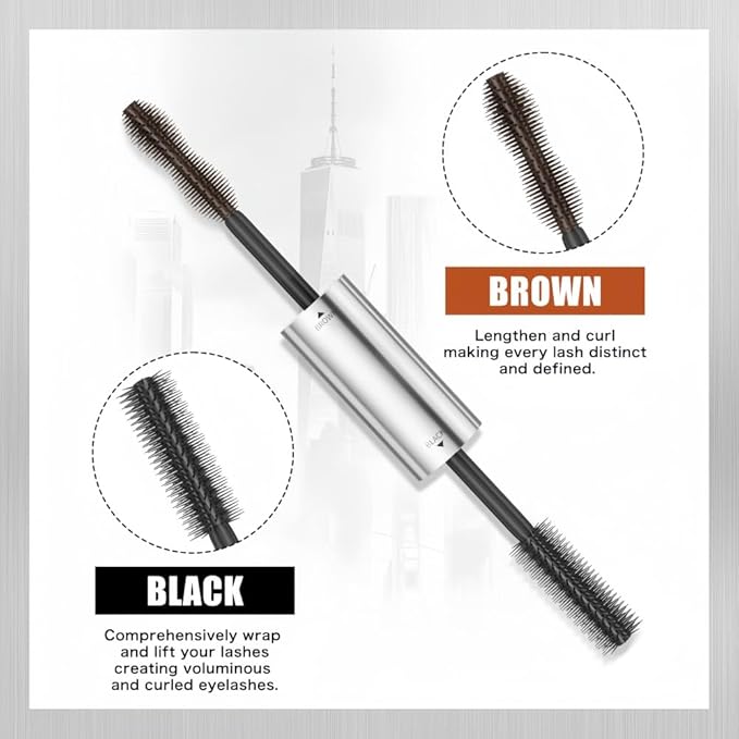 2 Colors Double-Ended Waterproof Mascara, Black & Brown, Lengthening, Volumizing, No Smudge, No Clumping, Long Lasting (1Pcs)