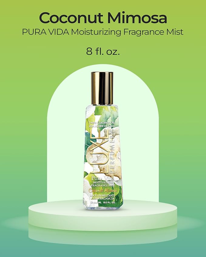 Luxe Perfumery Pura Vida Coconut Mimosa Moisturizing Fragrance Mist – Tropical Fruity Body Spray with Pineapple, Coconut & Vanilla Orchid – Hydrating Skin Mist for Women, Made in USA, 8 Fl Oz
