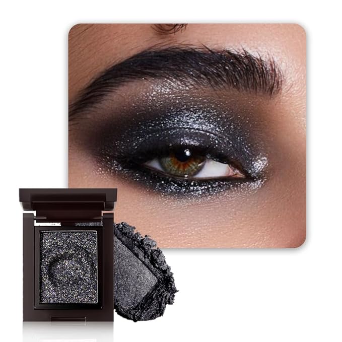 WanTuoluo Sparkly Eyeshadow Palette for Women, Single Monochrome Eye Shadow Makeup, Shiny Pressed Cream Powder, Blendable Natural sombras para ojos, Holographic,Vegan,Travel (05-Glitter-Ink Black)