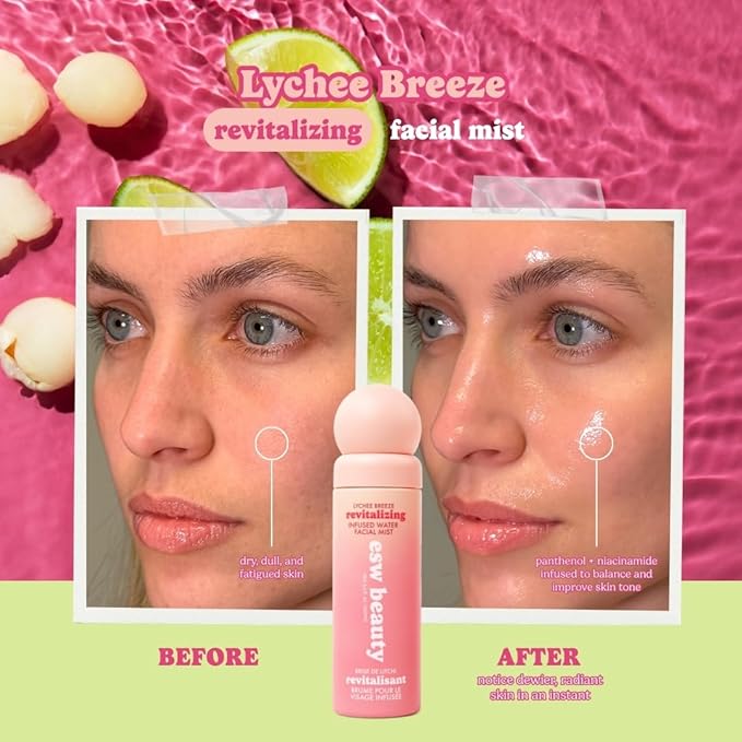 ESW Beauty Lychee Breeze Facial Mist - Hydrating Face Mist - Makeup Primer & Setting Spray - Scented Face Toner with Lychee Water, Lime, Green Tea & Caffeine 3.4oz