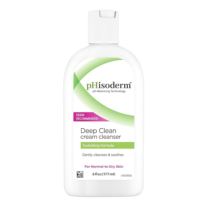 pHisoderm Deep Clean Cream Face Cleanser, Non-foaming pH Balanced, Free From Parabens, Sulfates, Mineral Oil, Soap, Alcohol, Gluten, and Dyes, 6 Fl Oz (3 x 6 fl oz)