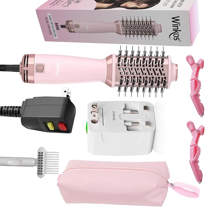 Travel Dual Voltage Hot Air Brush | 4 in 1 MIni Hair Dryer Brushes | 2 Inch Blow Dryer Brush with Storage Bag Global Adapter | One Step Volumizer Small Hair Dryer and Styler for All Hair Types