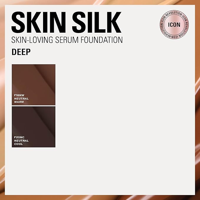 Revolution Skin Silk Radiant Satin Serum Foundation, Buildable Coverage with Hydrating Hyaluronic Acid for a Natural Finish, Vegan & Cruelty-Free, F20NC Deep Skin Tones, 0.77 fl oz