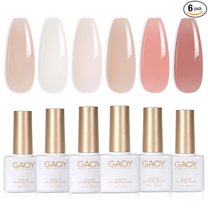 GAOY Milky Jelly Nude Gel Nail Polish Set, 6 Transparent Colors Sheer White Pink Soak Off UV Light Cure Gel Polish Kit for Salon and Nail Art DIY at Home
