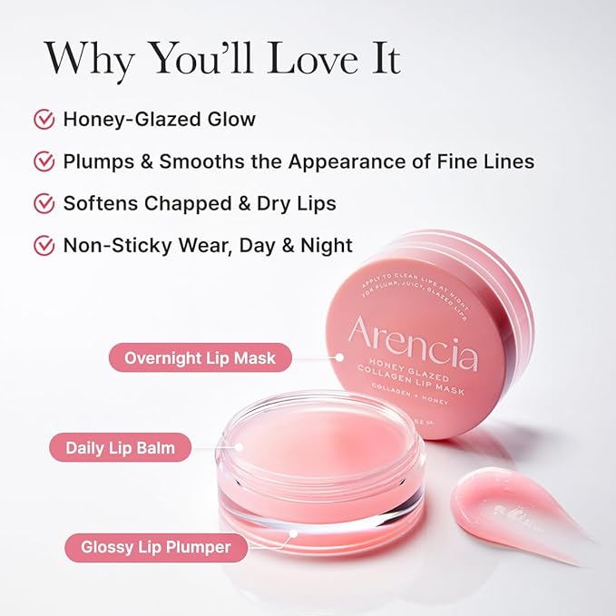 Arencia Honey Glazed Collagen Lip Mask, Overnight Lip Treatment with Collagen and Honey, 0.52 oz